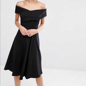 ASOS Bardot Neck Black Midi Skater Dress